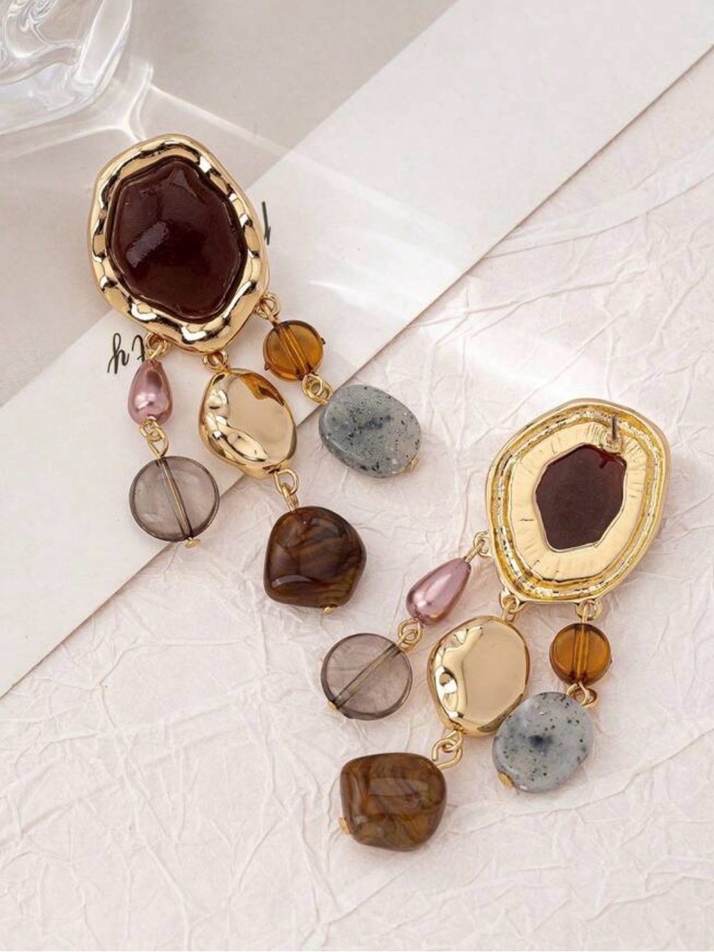 Multi Stone Dangle Earrings with Burgundy Accent - Picture 4 of 4